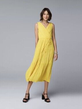 NWT Simply Vera Sleeveless Flash Yellow Midi Dress with Tie Waist Size Large
